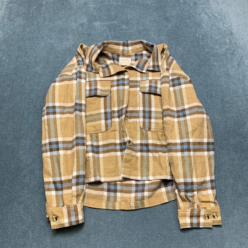 Brixton Bowery Flannel Shirt Womens S Beige Plaid Relaxed Fit Pockets Button Up